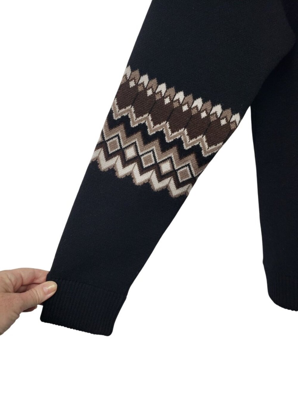 Chloe $1990 Wool Blend Jacquard Sweater Black Brown Crew Neck Fair Isle Fall - Picture 8 of 16